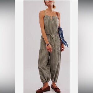 Free People Olive Striped Jumpsuit